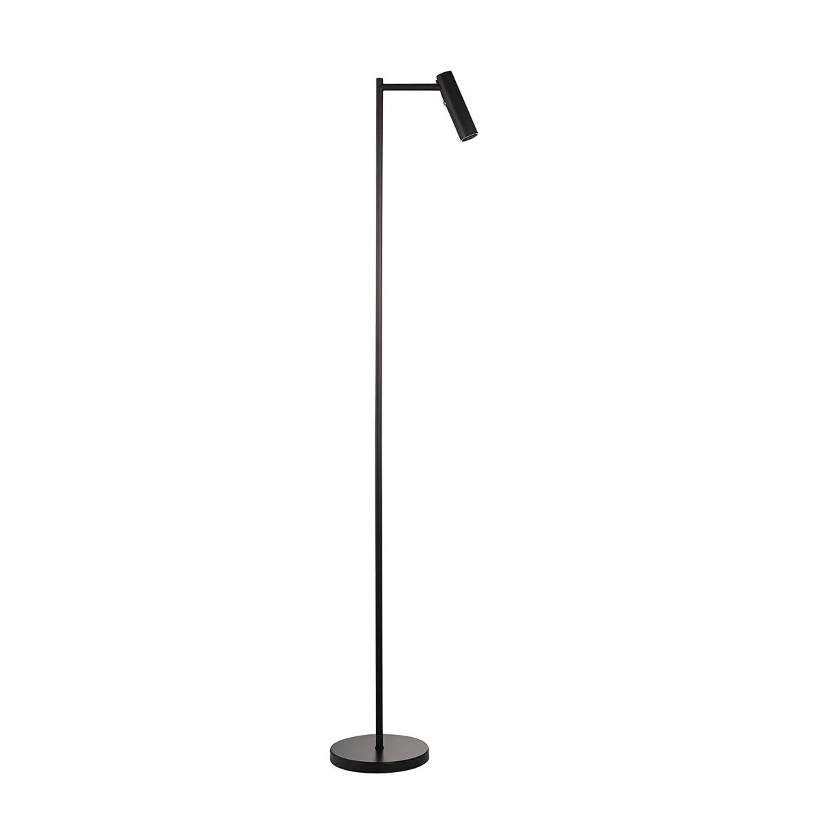 Endon Brackbourne modern floor lamp with adjustable cylindrical head on a slim stem and round base in matt black, shown on a plain white background.