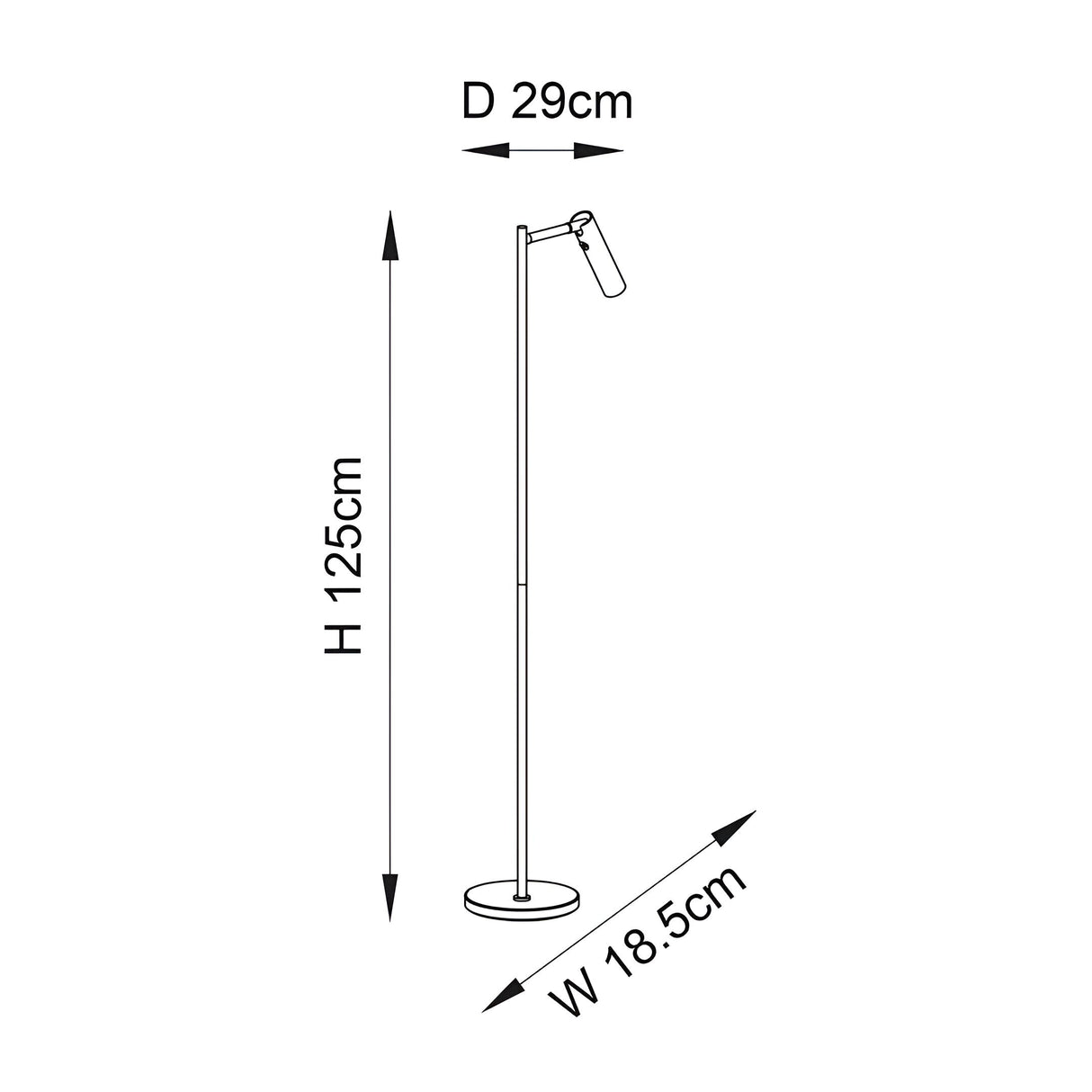 Dimension diagram of the Endon Brackbourne floor lamp showing 125cm height, 18.5cm base width and 29cm head depth on a plain background.
