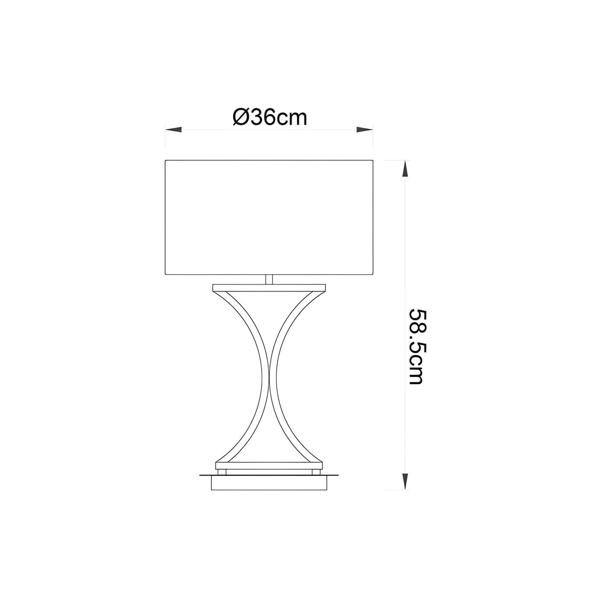 Dimension diagram of the Endon Brackton table lamp in chrome with white rectangular shade, marked 36cm diameter and 58.5cm height on a white background.