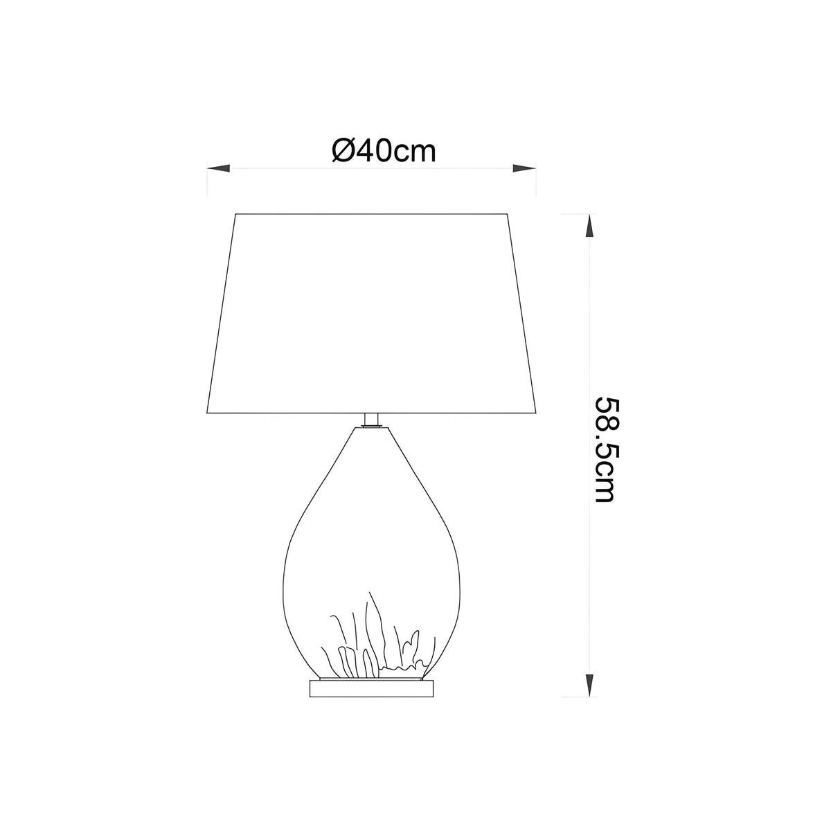 Line drawing of the Brockstead Table Lamp with a dimpled teardrop glass base, chrome metalwork, and an oval fabric shade, Ø40cm x 58.5cm height.