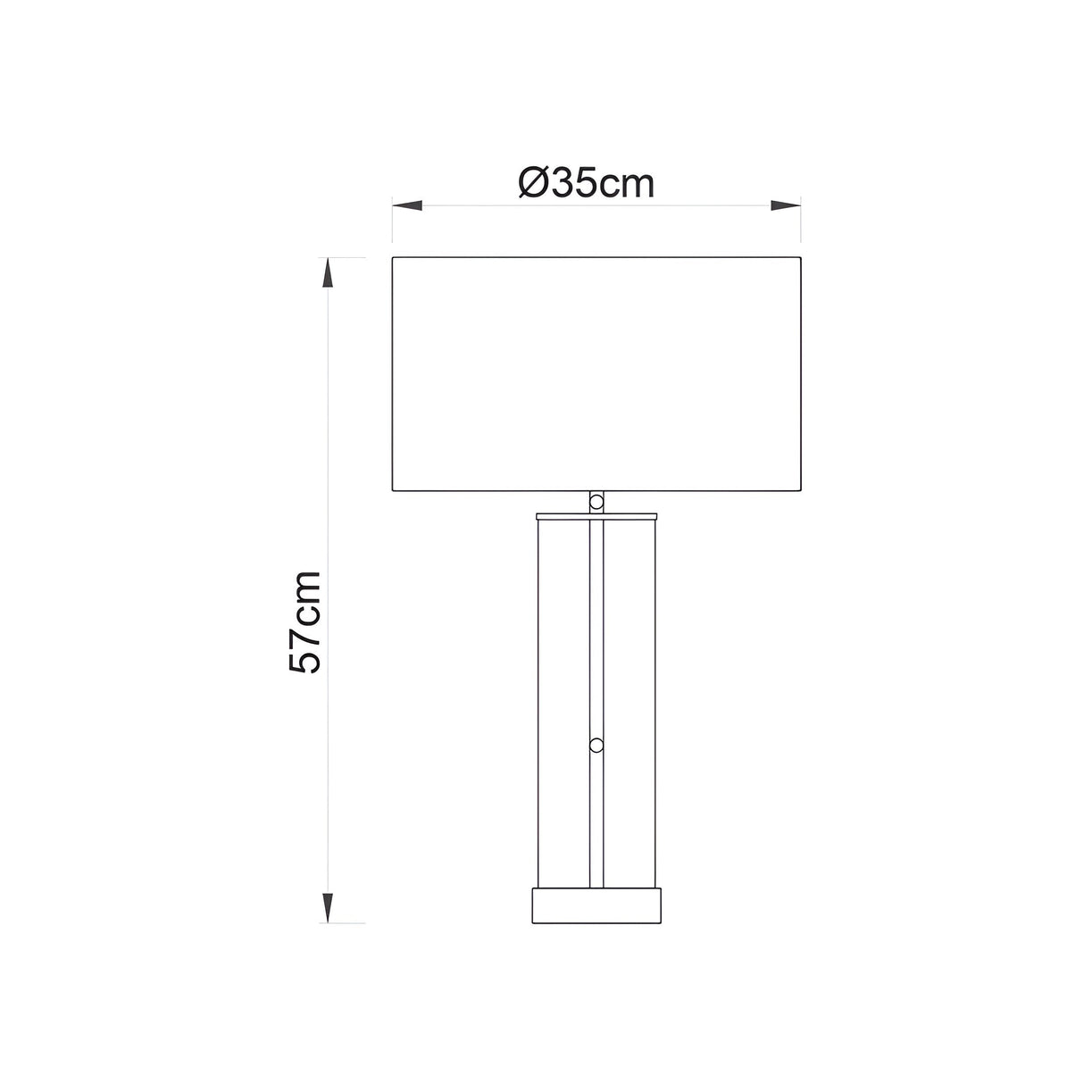 Endon Caldley table lamp dimension diagram showing 570mm height and 350mm shade diameter for the cylindrical glass base with drum shade.