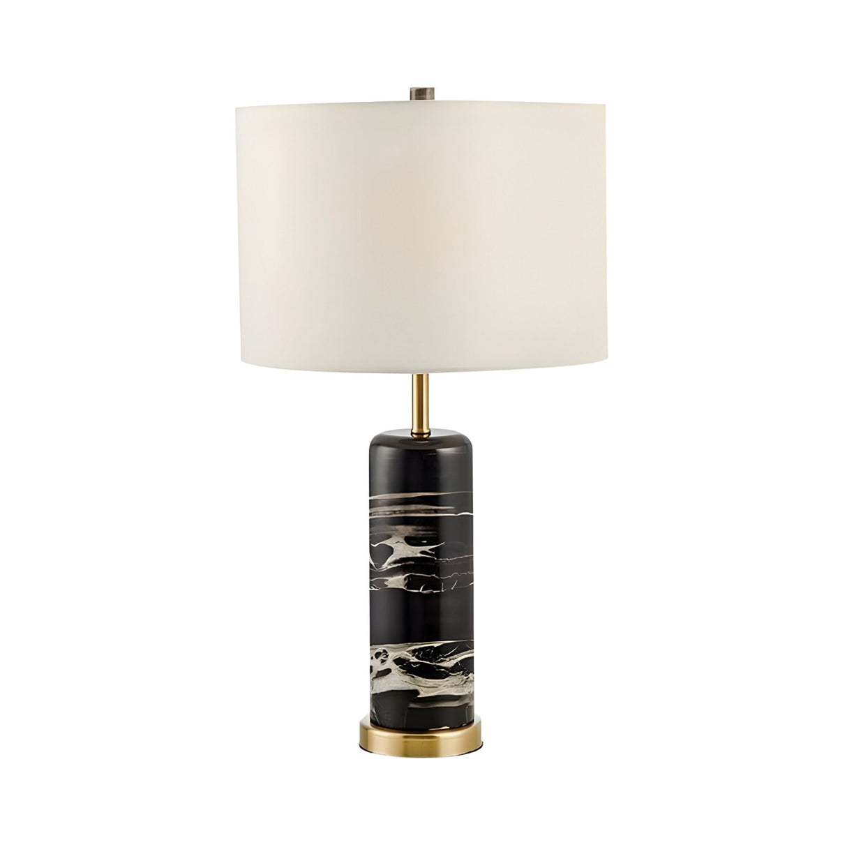 The Lunvera 1 Light Accent Ring Marble Table Lamp features a cylindrical black marble base, brass accent ring, and a large white drum-shaped shade for a modern look.