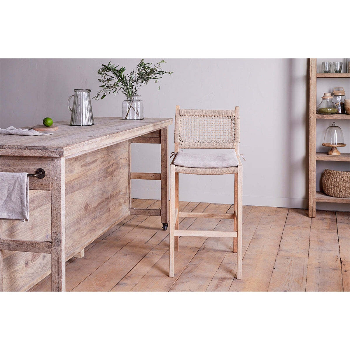 Aamani Mango Wood Cord Back Counter Stool - Natural