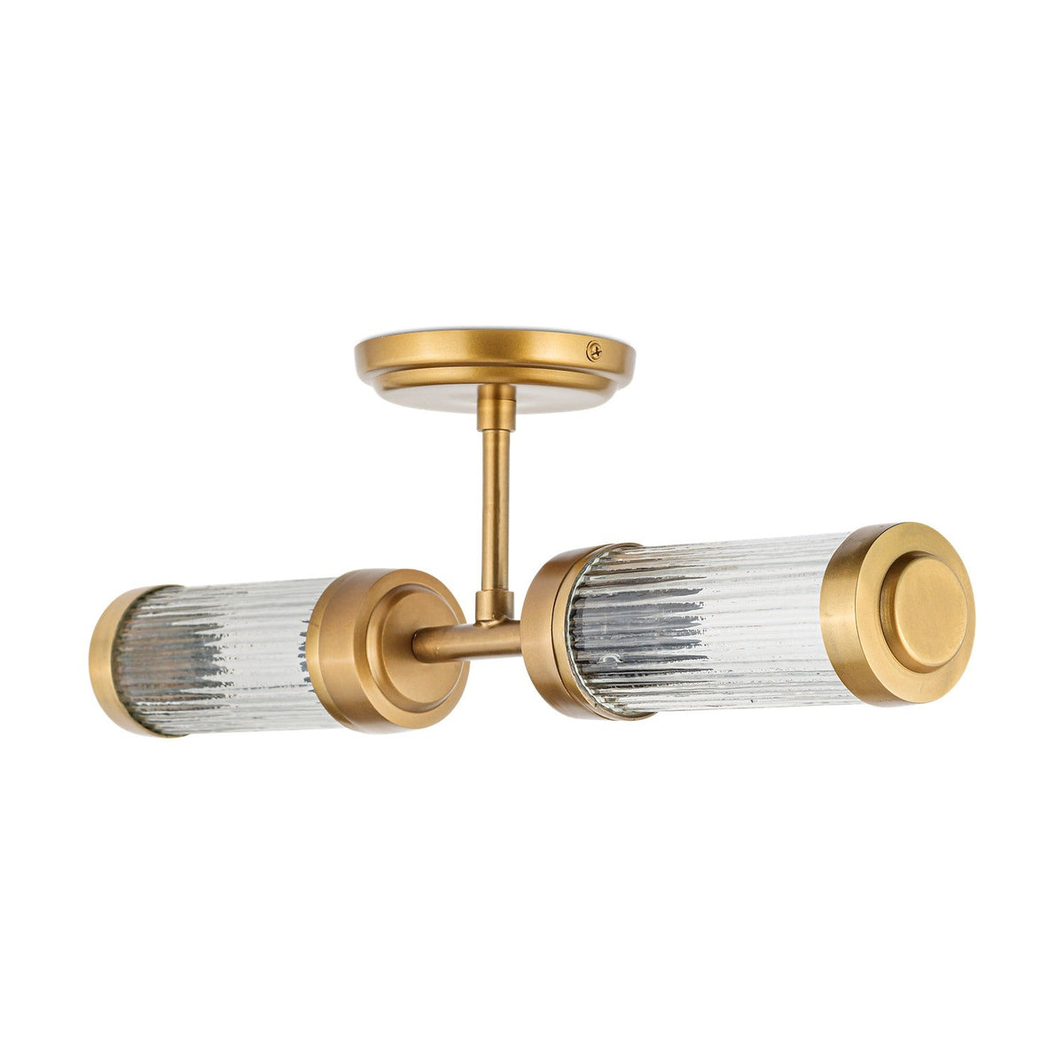 Akurdi 2 Light Bathroom Wall Light in clear ribbed glass, with two horizontal cylinders capped in brushed brass, mounted on a round ceiling-style plate, shown on a plain white background.