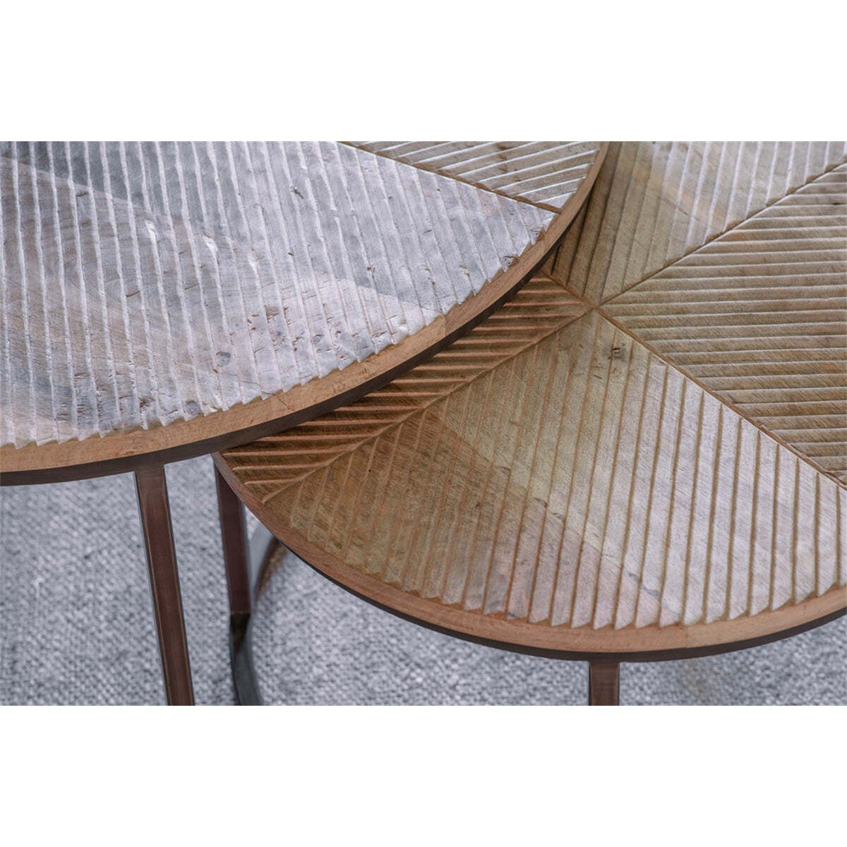Aasha Carved Mango Wood & Iron Nesting Coffee Tables - Natural (Set of 2), styled view 3