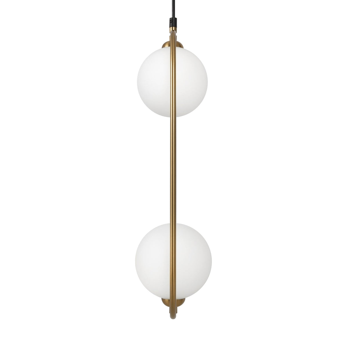 The Ring 2 Light Pendant in brass features two white glass spheres on a central brass rod, adjustable in height. Suspended by a sleek black cord, it adds a modern touch to your interior.