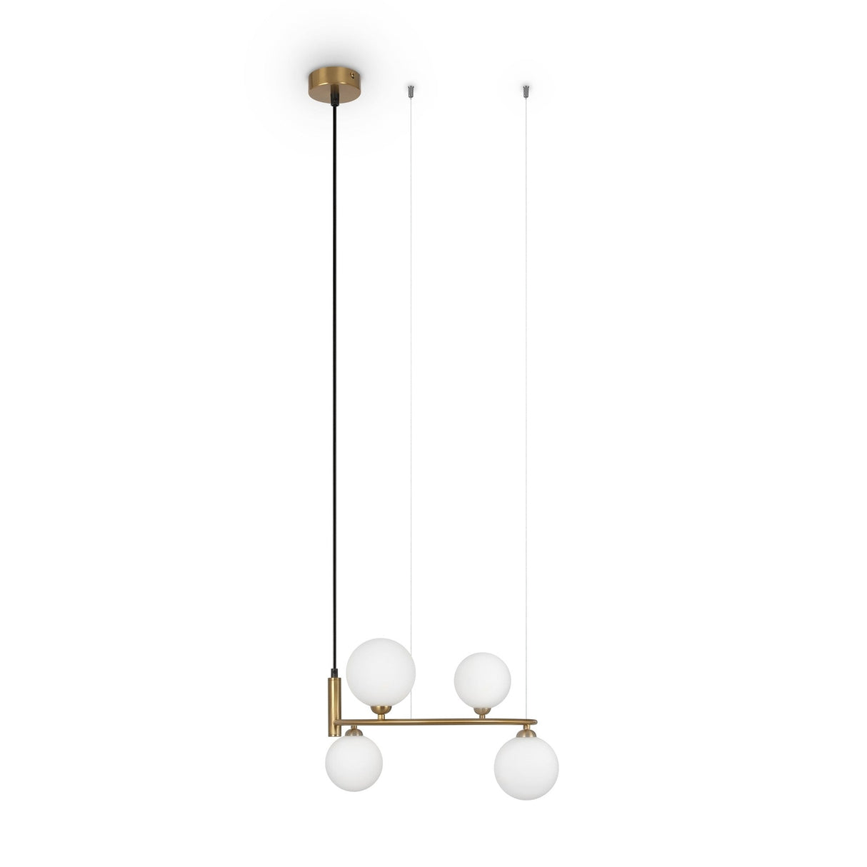 The Ring 4 Light Circular Suspension features a minimalist design with four white glass diffusers at varying heights on thin rods and a brass finish, adding elegance to any space.