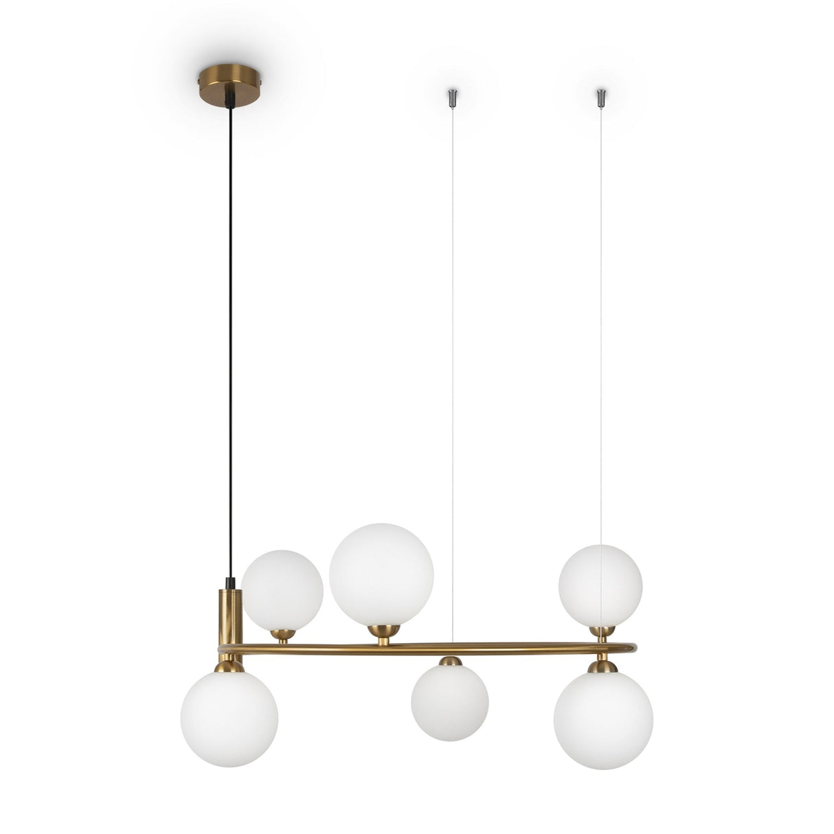 The Ring 6 Light Circular Suspension in gold showcases a minimalist frame with six frosted white glass spheres. Two transparent wires elegantly connect it to the ceiling, embodying modern sophistication with its sleek, contemporary design.