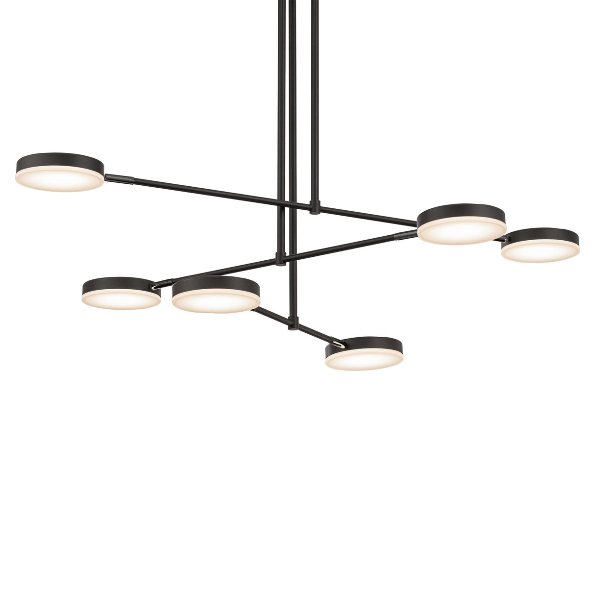 The Fad LED 6 Light Chandelier - Black boasts a sleek finish and six circular lights in a geometric design. Its modern style with adjustable arms makes it an ideal addition to any interior setting.