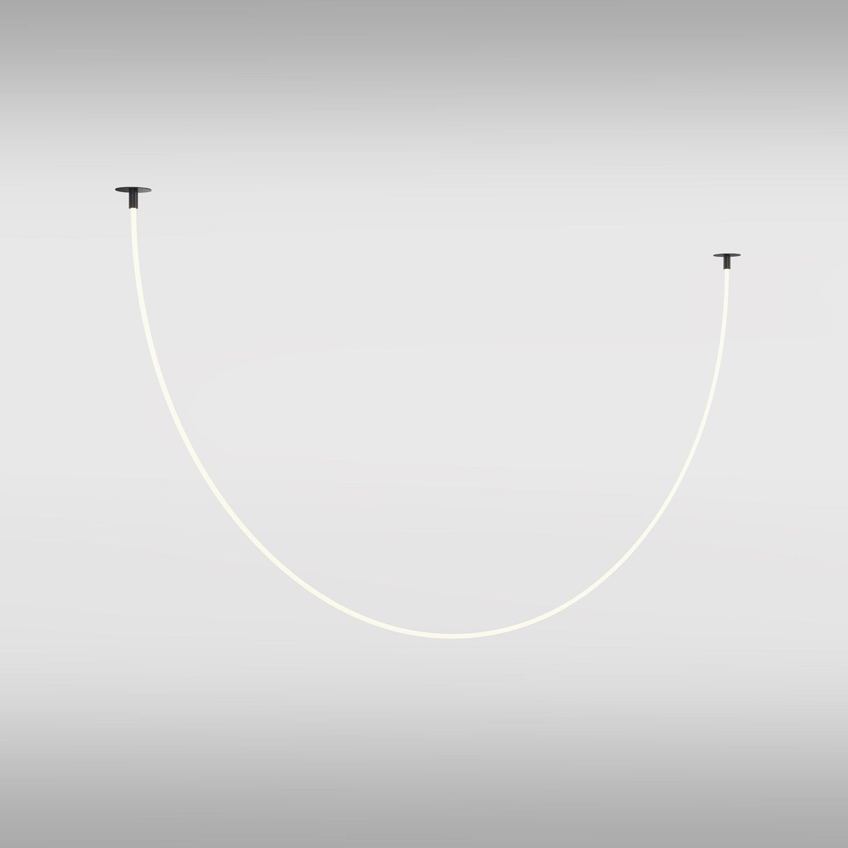 The Tau LED Pendant Light 3000K 40W - Black showcases modern lighting with its thin, flexible neon silicon diffuser forming a gentle U-shape between two small hooks against a gradient gray background.