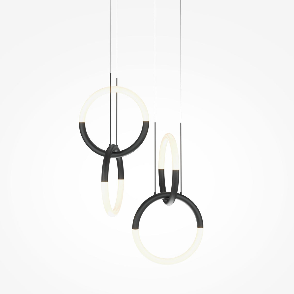 Two Node LED 2 Rings Pendant Lights in black, featuring adjustable LED rings and futuristic minimalist design, are suspended from thin wires against a plain white background—perfect for enhancing modern interiors.