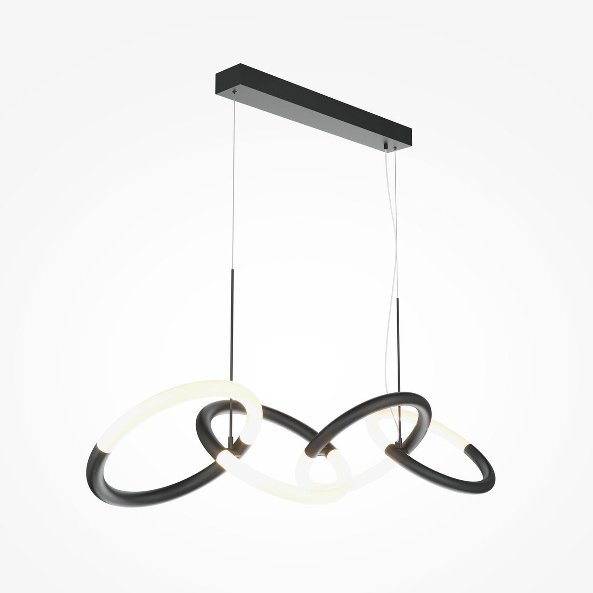 The Node LED 4 Rings Linear Suspension Light features adjustable LED rings in three interlocking circles, suspended from a black rectangular ceiling mount. The alternating black and lit sections create a sleek, minimalist design with a high Color Rendering Index against a plain white background.
