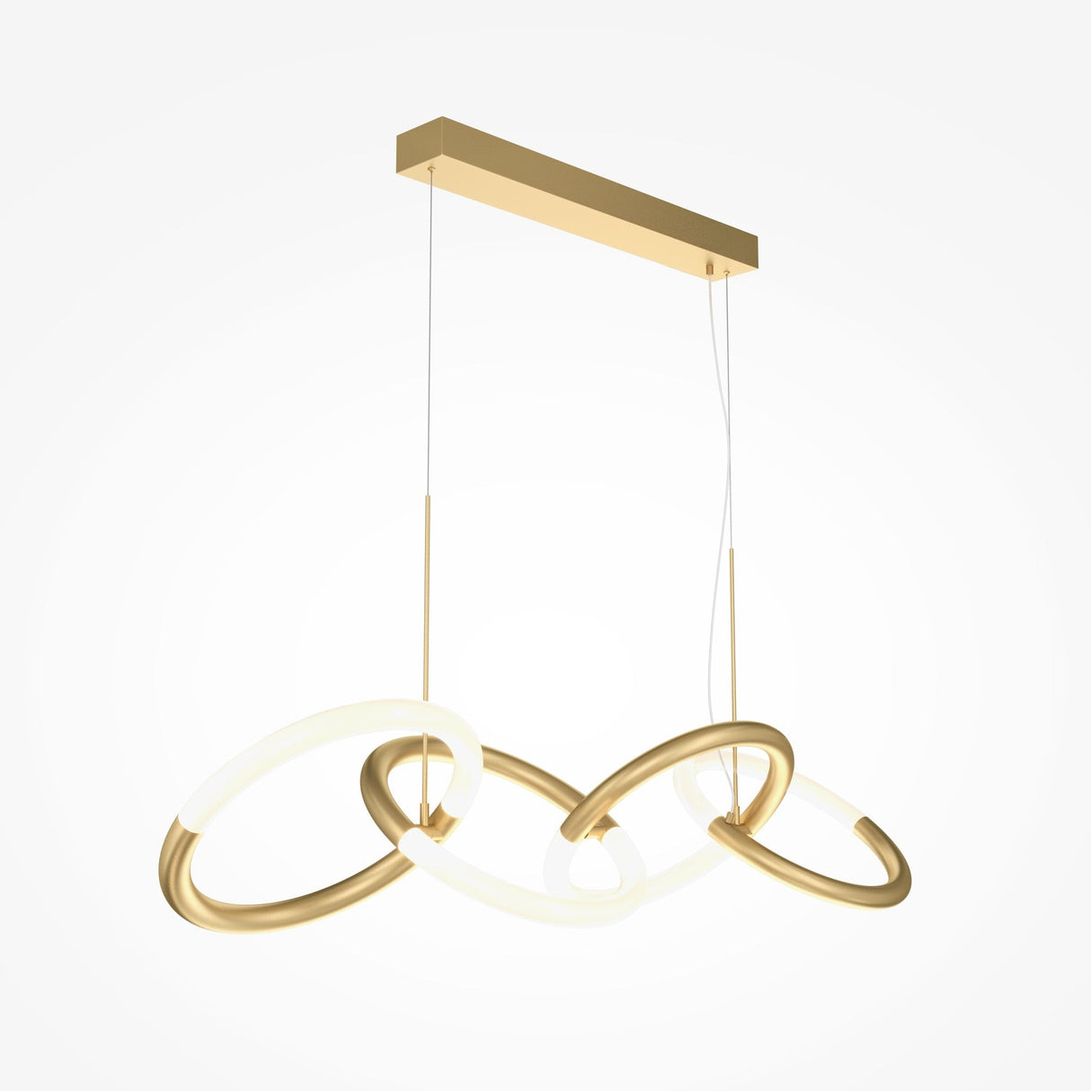 The Node LED 4 Rings Linear Suspension Light - Gold is a modern pendant fixture featuring four intertwined adjustable LED loops and a rectangular ceiling mount, offering vibrant illumination with a high color rendering index against a plain white background.
