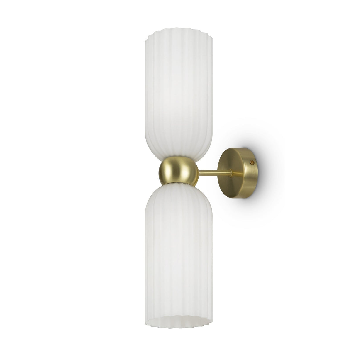 The Antic 2 Light Wall Light boasts a gold finish with white ribbed glass lampshades, extending vertically from a central brass mount. Its modern and symmetrical design makes for a sophisticated and elegant lighting fixture.