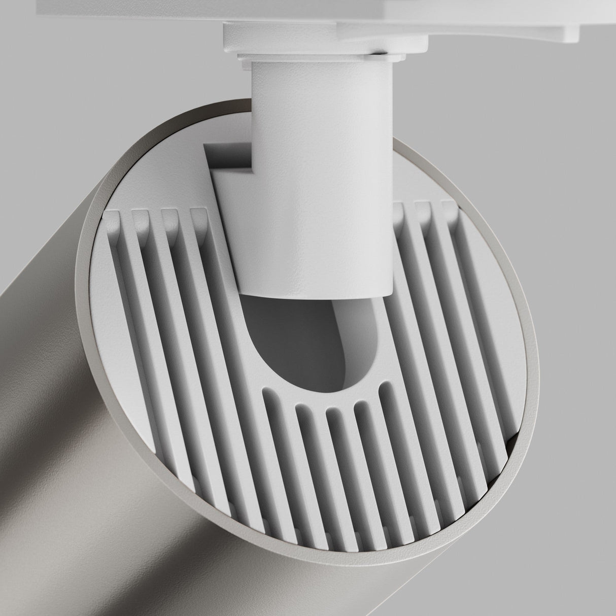 Additional perspective of Focus S Single Phase Unity Track Spotlight in white and silver, focusing on its stylish two-tone design