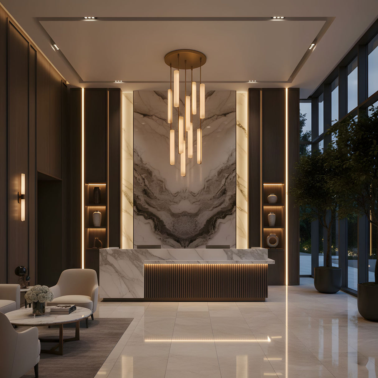 Niori Selvara 10 Light Alabaster Cluster Chandelier in brushed brass hangs above a marble reception desk in a contemporary lobby with seating and tall windows.