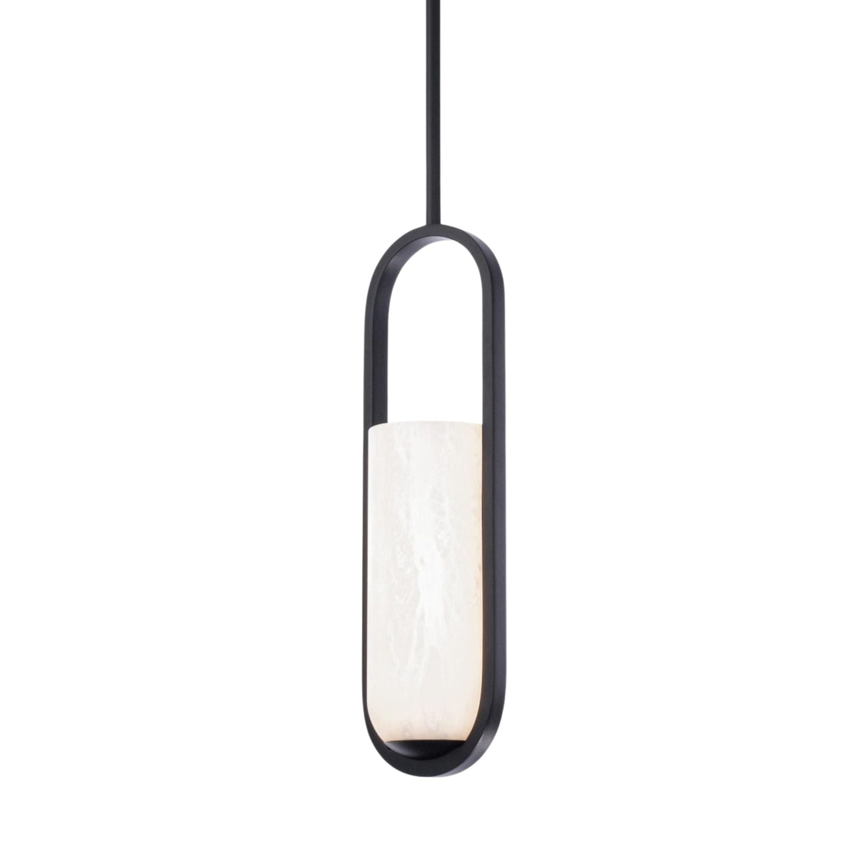 The Eliona 1 Light Capsule Alabaster Single Pendant Light features a matte black oval frame and soft white alabaster shade, suspended from a black cord. This modern LED pendant brings striking style to any space.