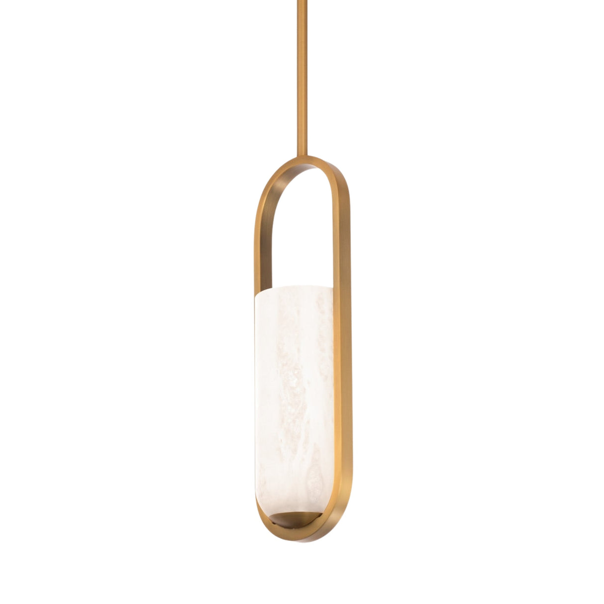 The Eliona 1 Light Capsule Alabaster Single Pendant Light features a brushed brass oval frame and a soft white alabaster shade, suspended from a matching rod against a white background.
