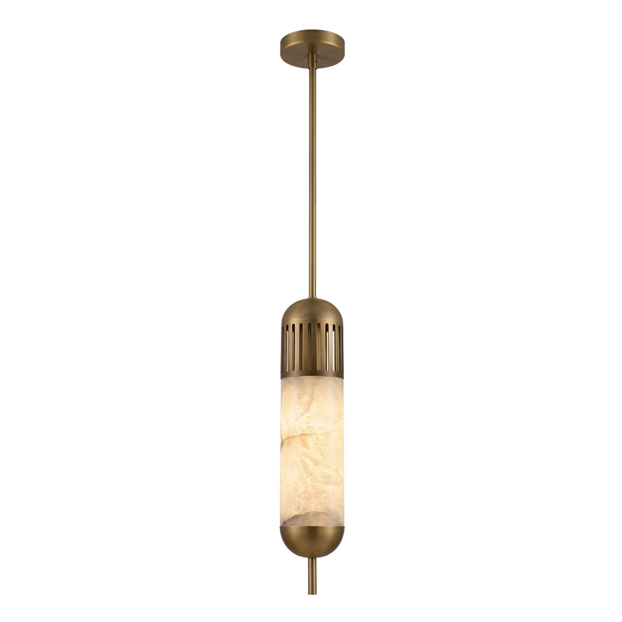 The Zerith LED Fluted Tube Alabaster Single Pendant Light features a brushed brass finish and an alabaster shade, suspended from a brass rod and ceiling mount, providing a soft white glow.