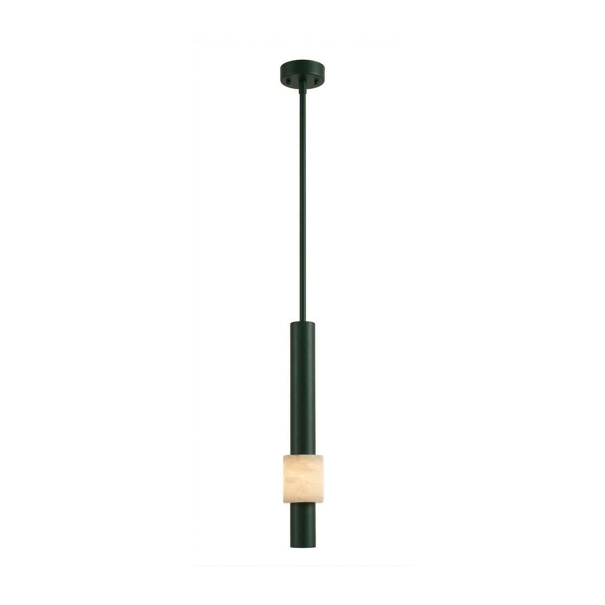 The Solenne LED Alabaster Single Pendant Light features a slim, polished black rod and cylindrical fixture with a light-colored square alabaster accent, suspended from the ceiling in dark green and polished black finishes.