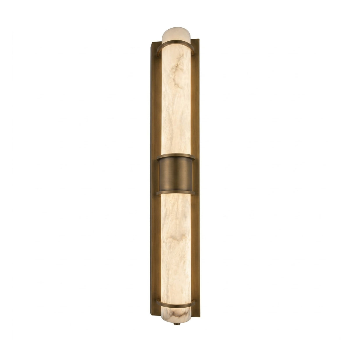 The Averna LED Large Framed Alabaster Wall Light features a modern rectangular brass frame and soft white alabaster shade, with brushed brass accents for a sleek, contemporary look.
