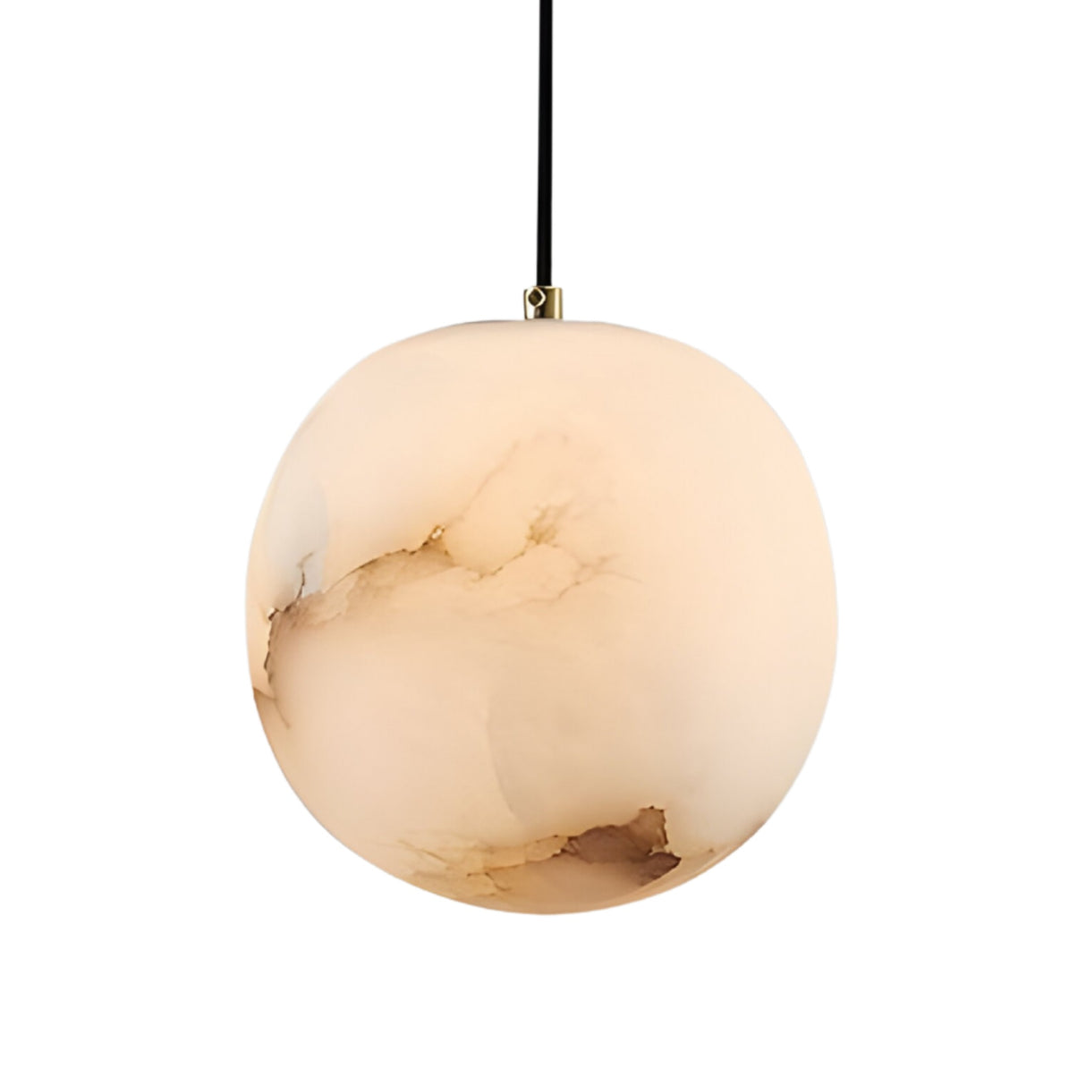 The Novara 1 Light Globe Alabaster Single Pendant Light in Soft White features a smooth, creamy surface with subtle brown veining, suspended from a thin black cord against a plain white background.