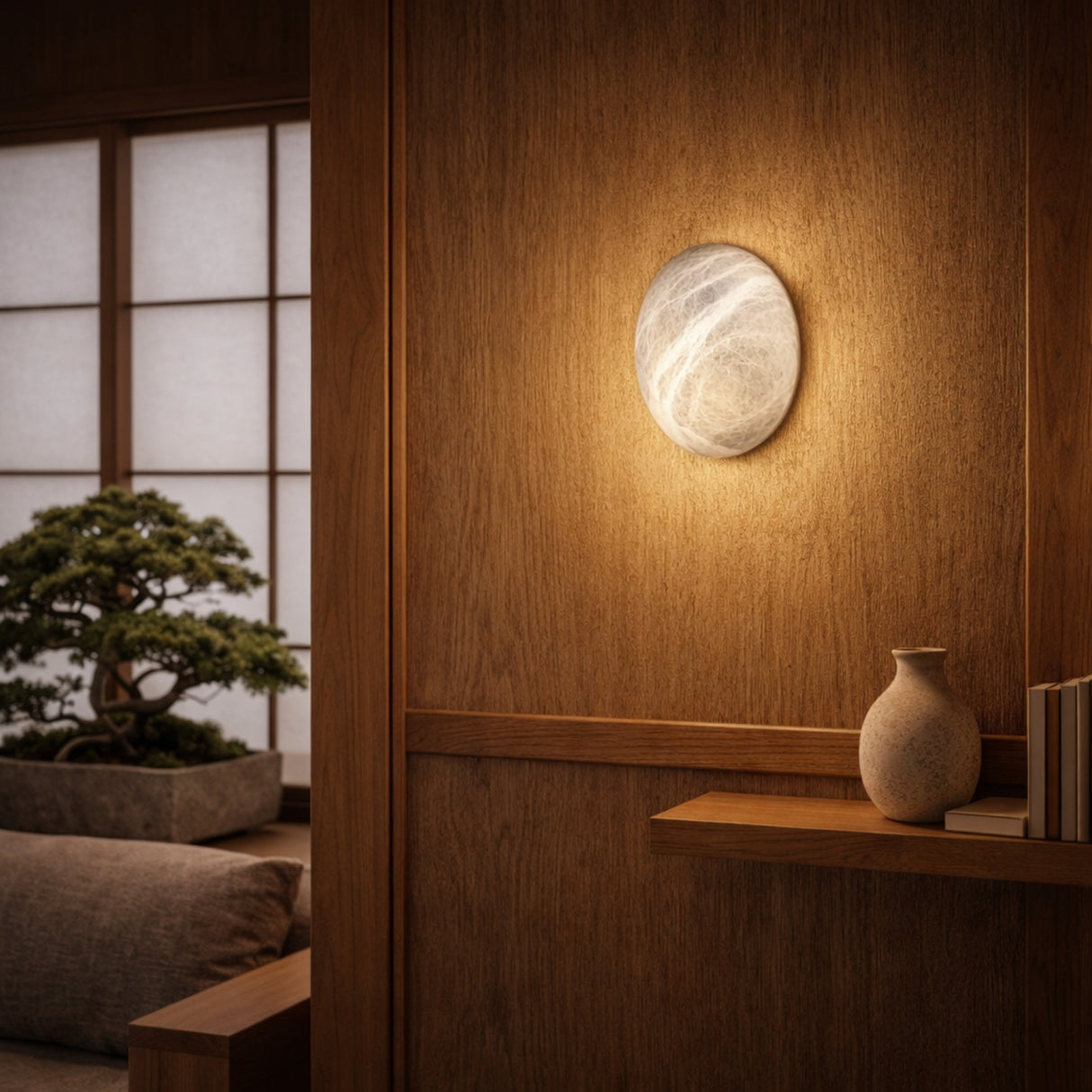 A modern Japanese-style room features the Orvani LED Large Oval Alabaster Wall Light - Soft White on wood paneling, a bonsai by shoji windows, and a wooden shelf with a ceramic vase and books. Warm lighting creates a cozy atmosphere.