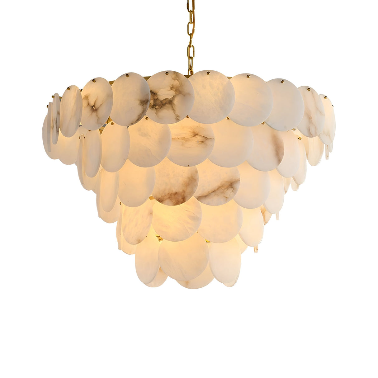 The Solyra 21 Light 5 Tier Petal Alabaster Chandelier in Soft White features layered alabaster petals on a gold chain, casting a warm, soft glow and adding graceful elegance to your space.