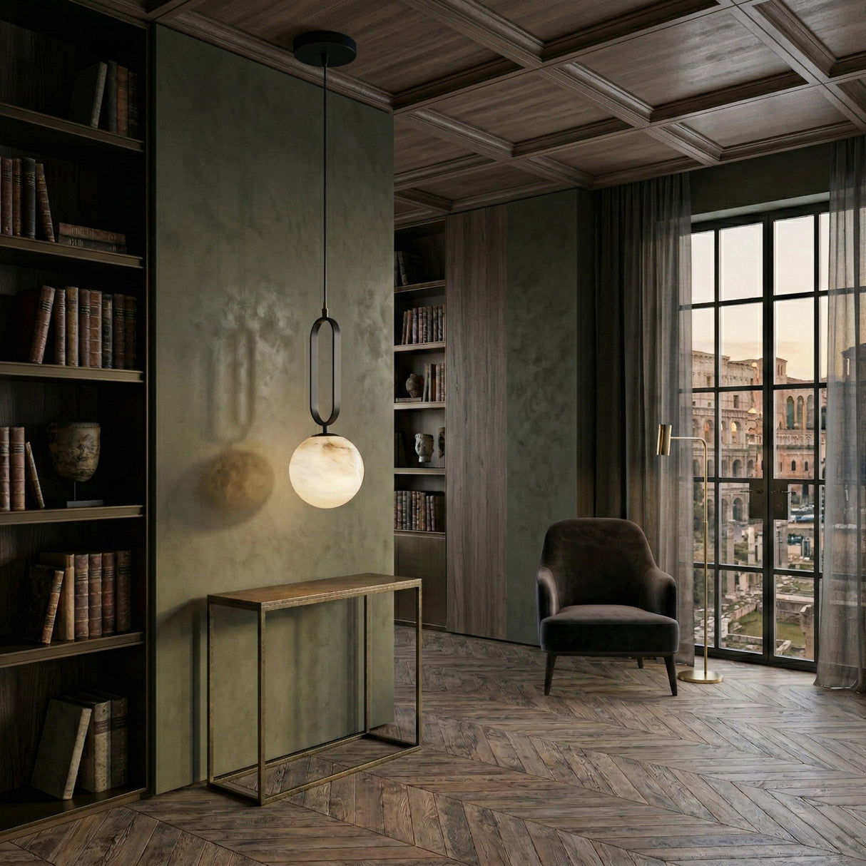A cozy study room with wooden floors, bookshelves, a dark armchair by tall windows, the Orvyn 1 Light Large Globe Alabaster Single Pendant Light in soft white & matte black overhead, and a Colosseum view outside.