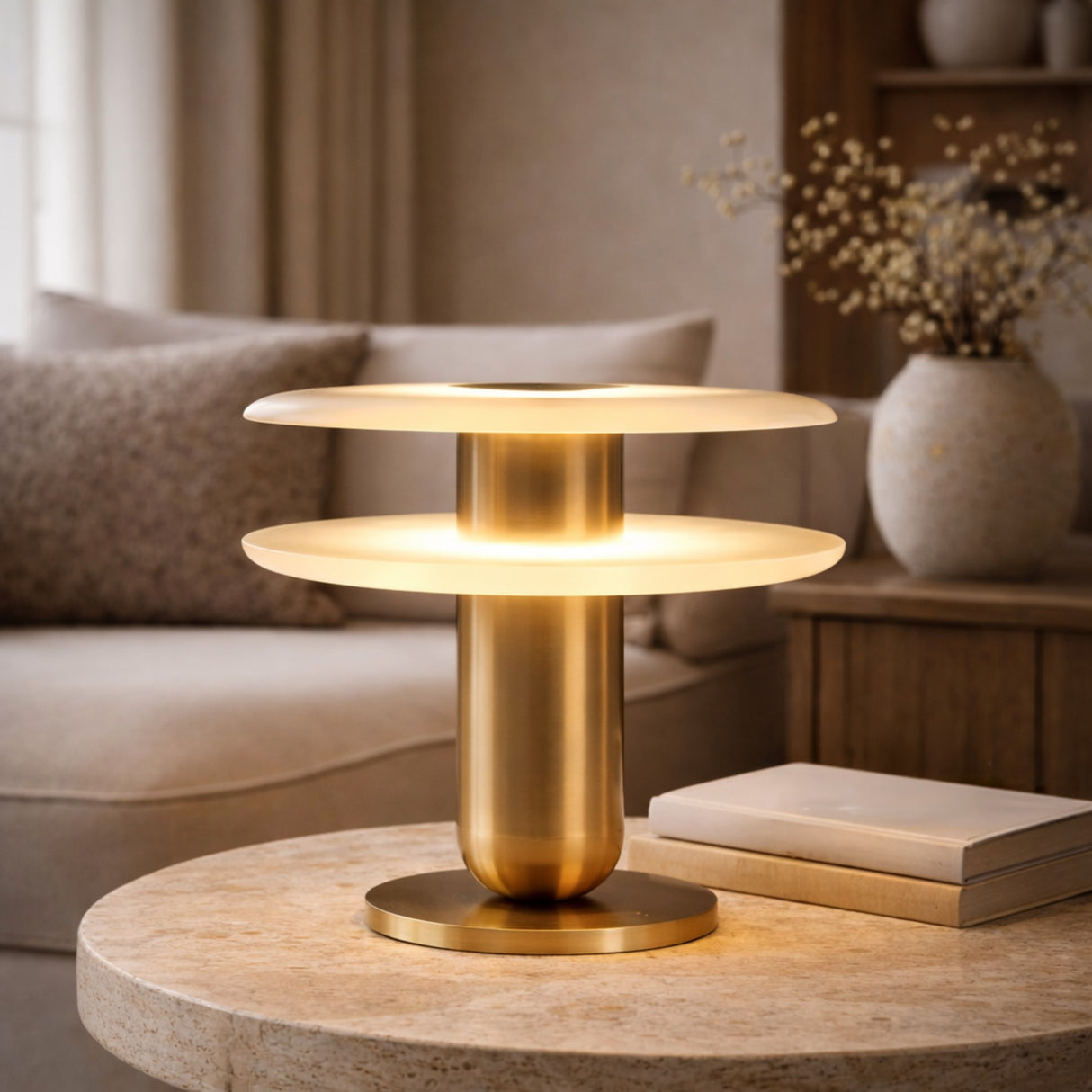 The Luxelle LED Double Tiered Alabaster Table Lamp in soft white and brass sits on a round stone table next to two closed books in a softly lit living room with neutral decor and a vase of dried flowers in the background.