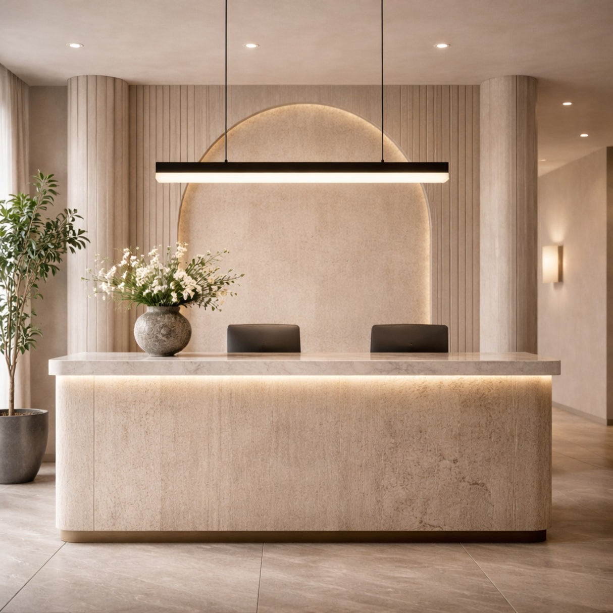 Niori Linea 800mm linear chandelier with slim alabaster diffuser in matt black housing, suspended above a travertine reception desk in a neutral lobby.