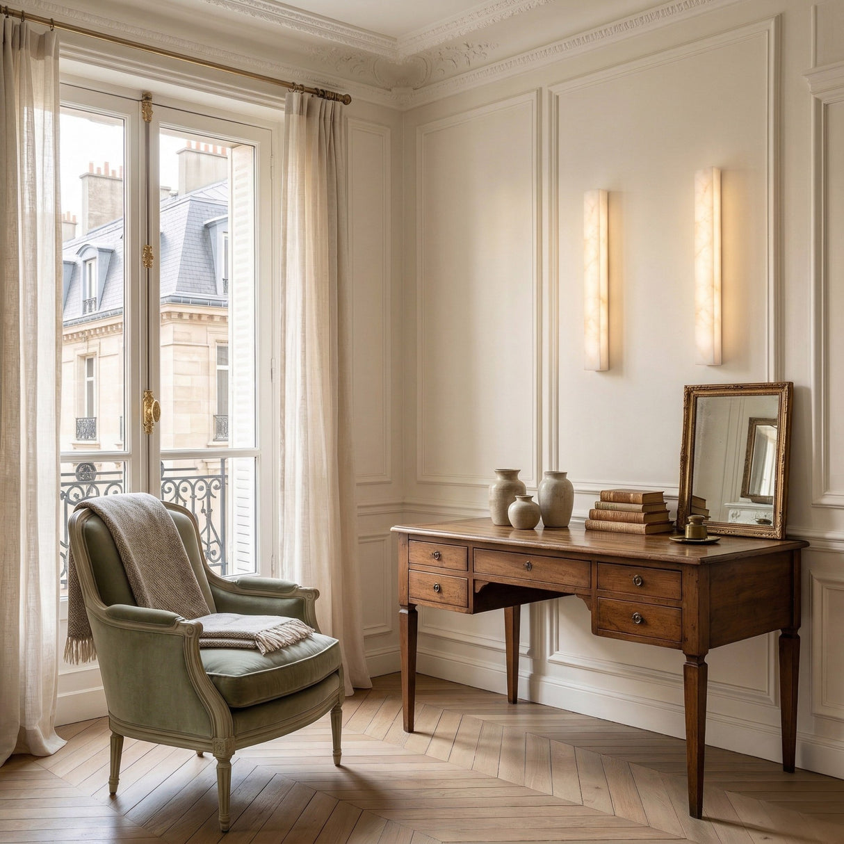 A bright, elegant room with a classic wooden desk, books, vases, a mirror, cushioned armchair and blanket, large windows with sheer curtains, and warm Aureline LED Small Sculpted Column Alabaster Wall Light on cream-paneled walls.