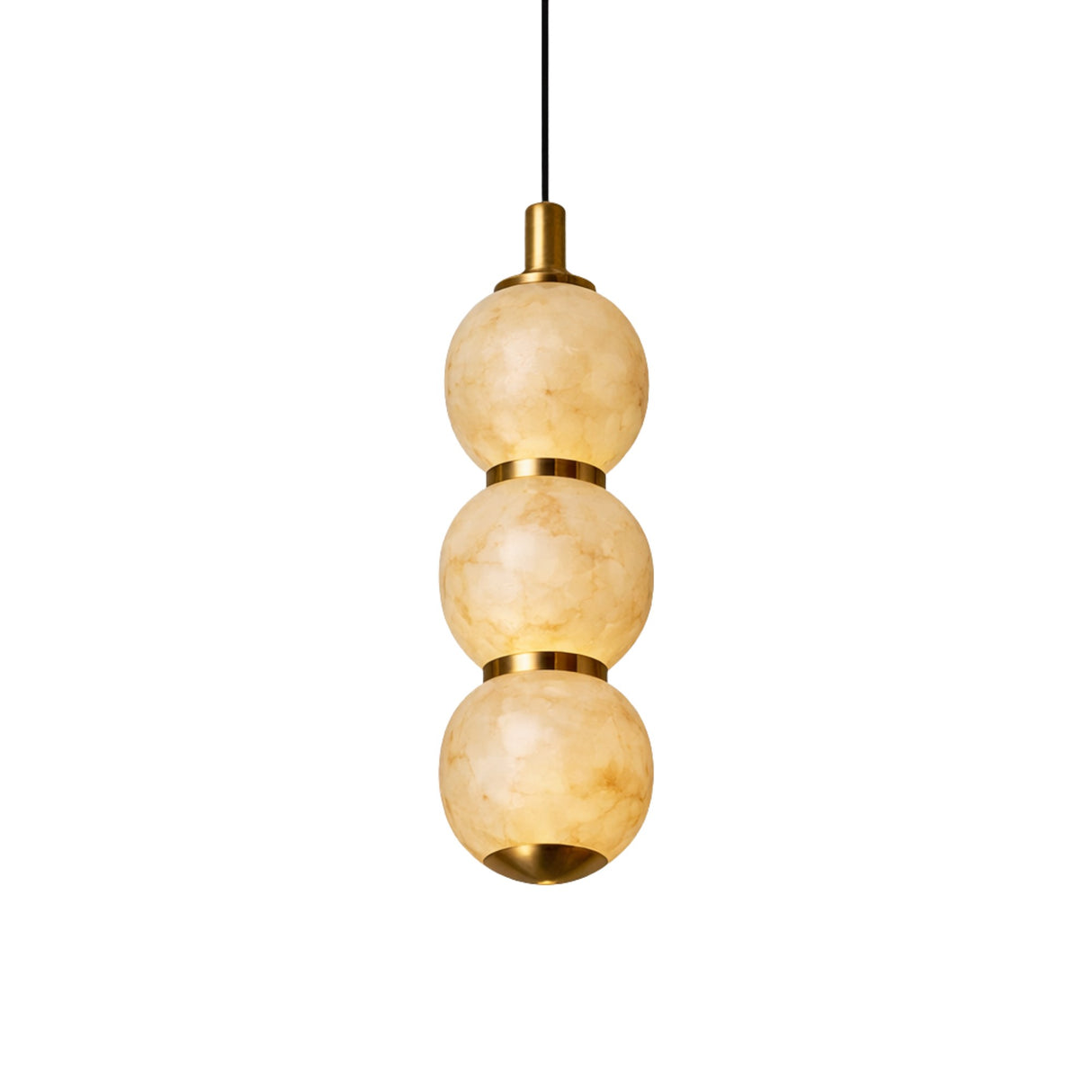 The Lumina 3 Light Orb Alabaster Single Pendant Light in soft white and brass features three spherical alabaster shades separated by brass accents, suspended from a slim black cord against a white background.