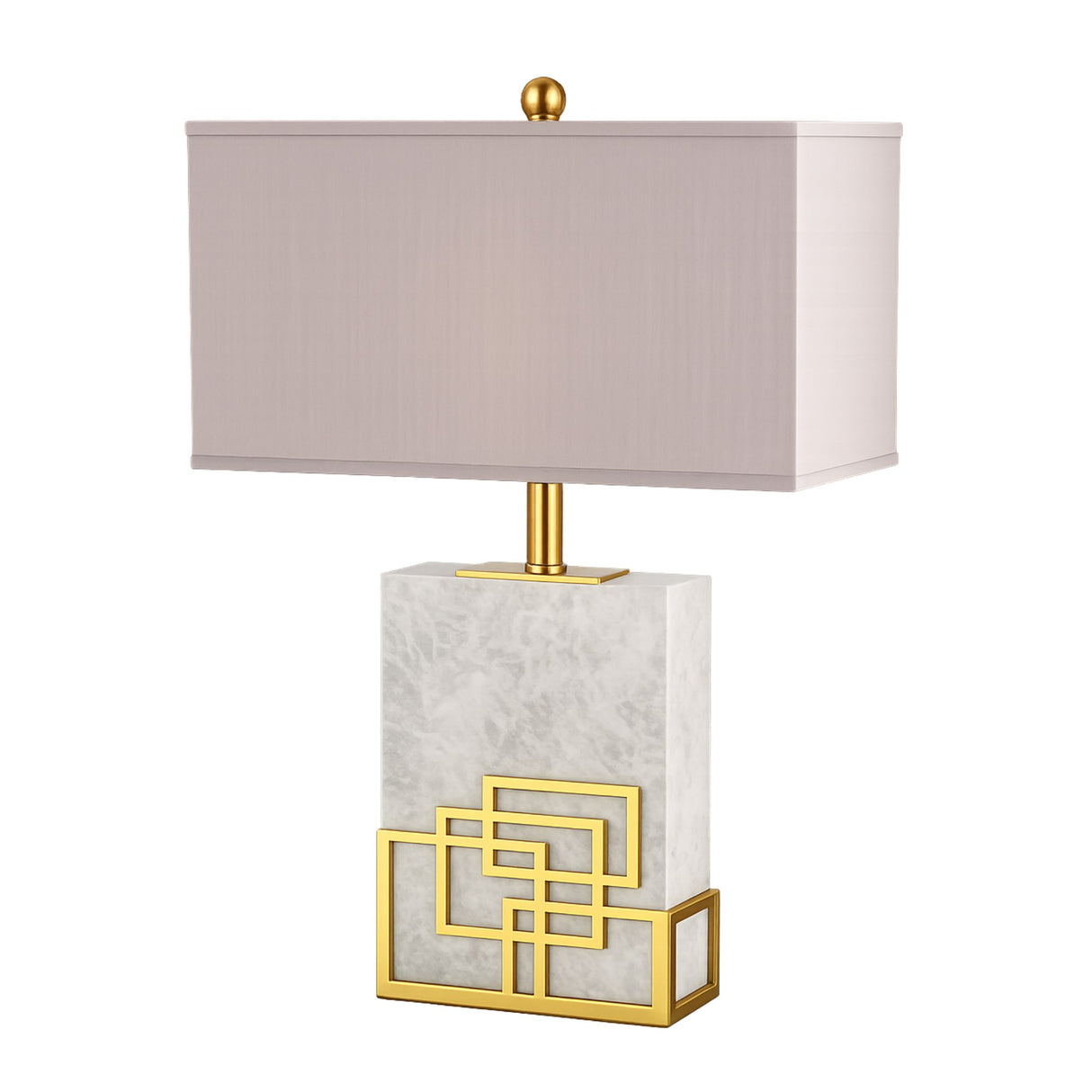 The Veridan 1 Light Framed Marble Table Lamp features a rectangular grey marble base, brass geometric accents, and a large rectangular beige shade topped with a gold finial for an elegant finish.