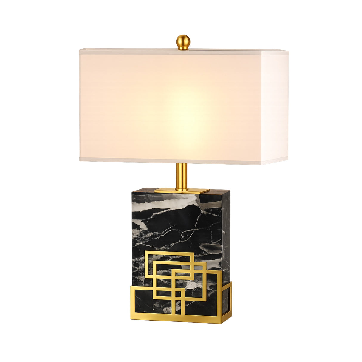 The Veridan 1 Light Framed Marble Table Lamp features a black marble base with geometric gold accents, a sleek brass stem, and a rectangular white shade for a modern look.
