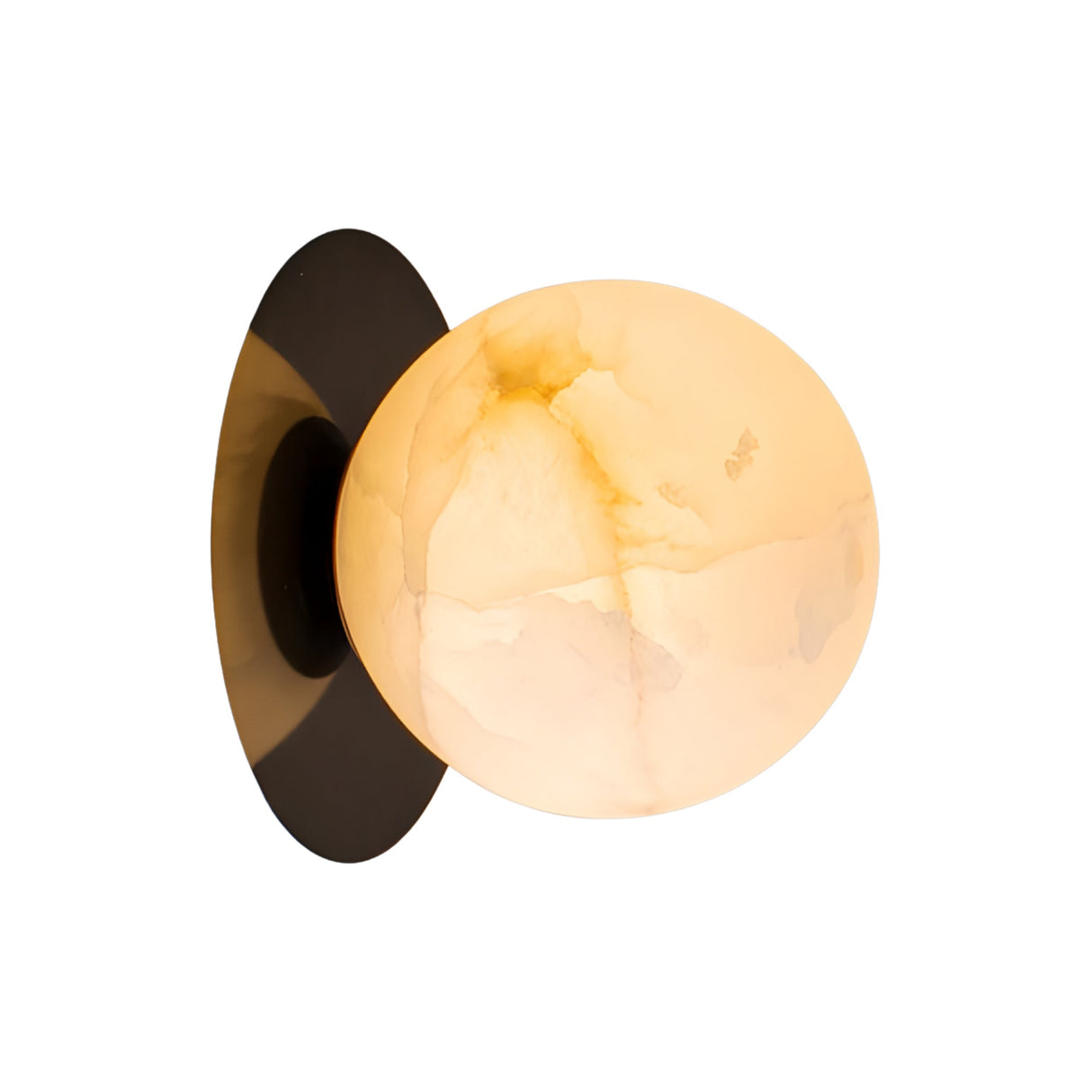 The Noctyra 1 Light Alabaster Wall Light features a black circular backplate and a glowing soft white Spanish alabaster glass globe shade, beautifully set against a white background.