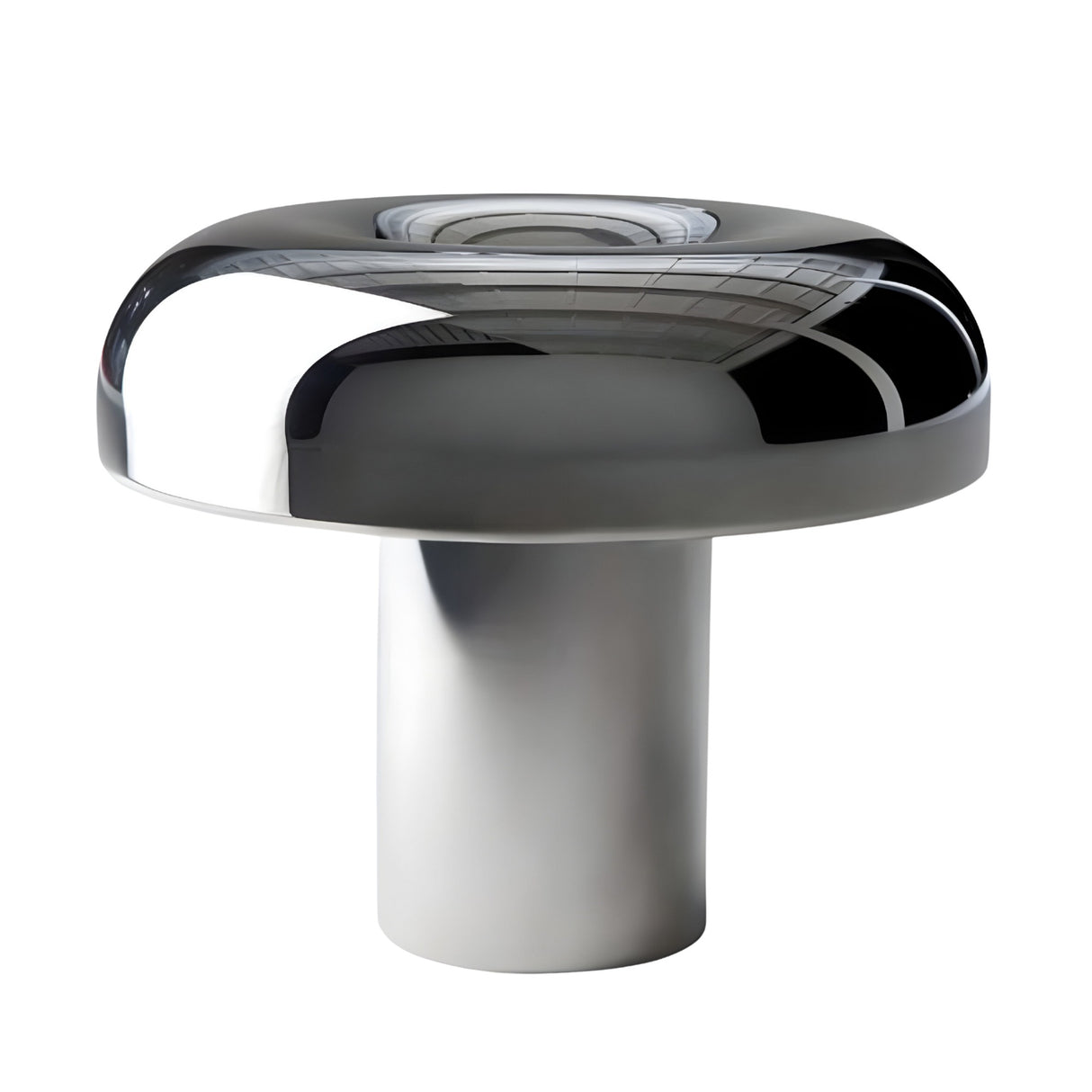 The Arven LED Mushroom Form Marble Table Lamp in soft white and black features a shiny, metallic mushroom-shaped shade and a sleek cylindrical base, set against a white background.