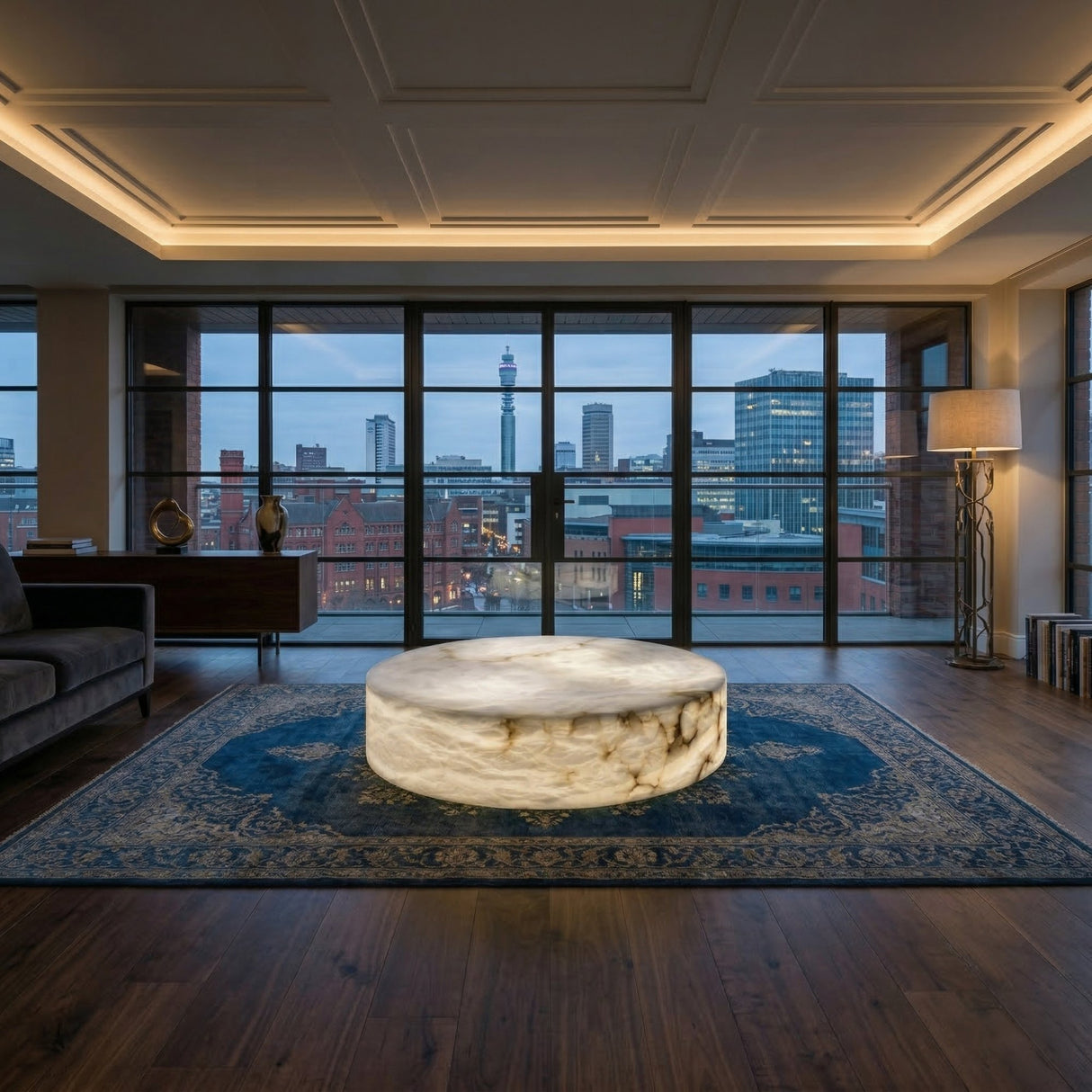 A modern living room with large windows overlooking the city features the Alurien LED Large Alabaster Coffee Table – Soft White on a blue patterned rug, complemented by wooden floors and contemporary furnishings.