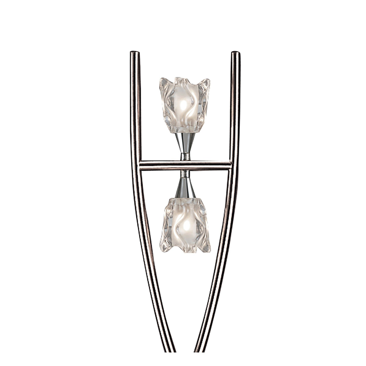 The Amel 2 Light Floor Lamp in polished chrome features two dimmable, frosted glass flower-shaped lights on separate horizontal bars and has a sleek metallic frame, shown against a plain white background.