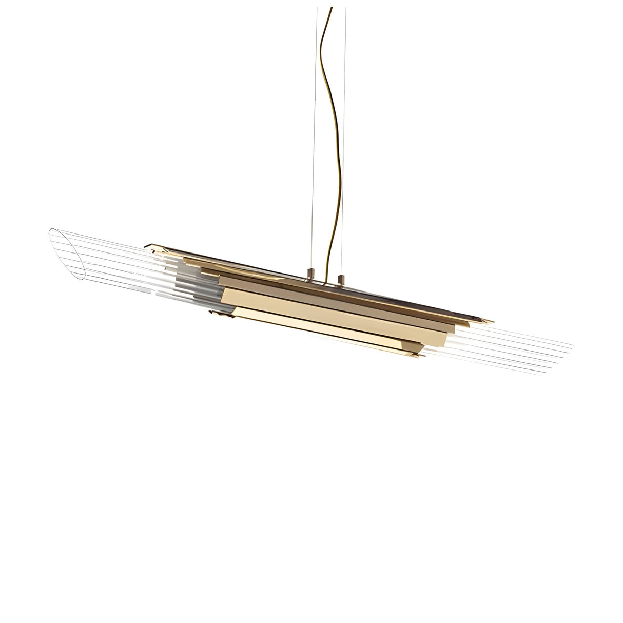 The Angelia Linear Suspension Light - Gold showcases a modern design with a gold finish and clear, wing-like acrylic panels on each end, suspended by thin wires against a white background.