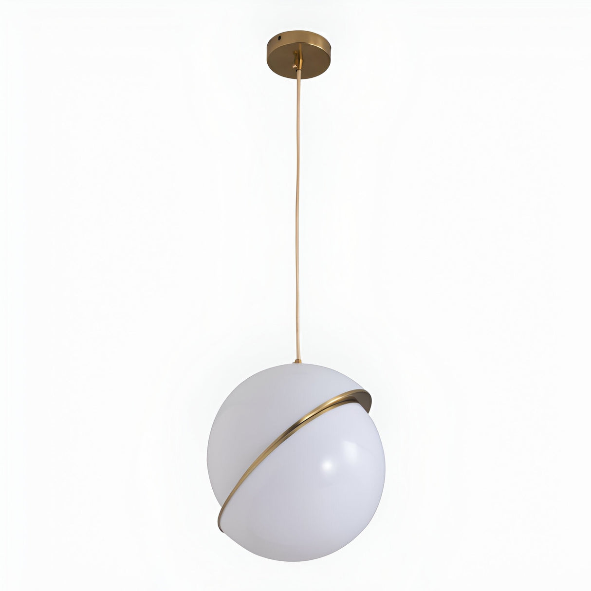 The Arc Pendant Light - Gold & White features a spherical white glass shade, brushed brass trim, and gold ceiling mount with matching cord. It uses an E27 socket for versatile bulbs, combining modern style and function.