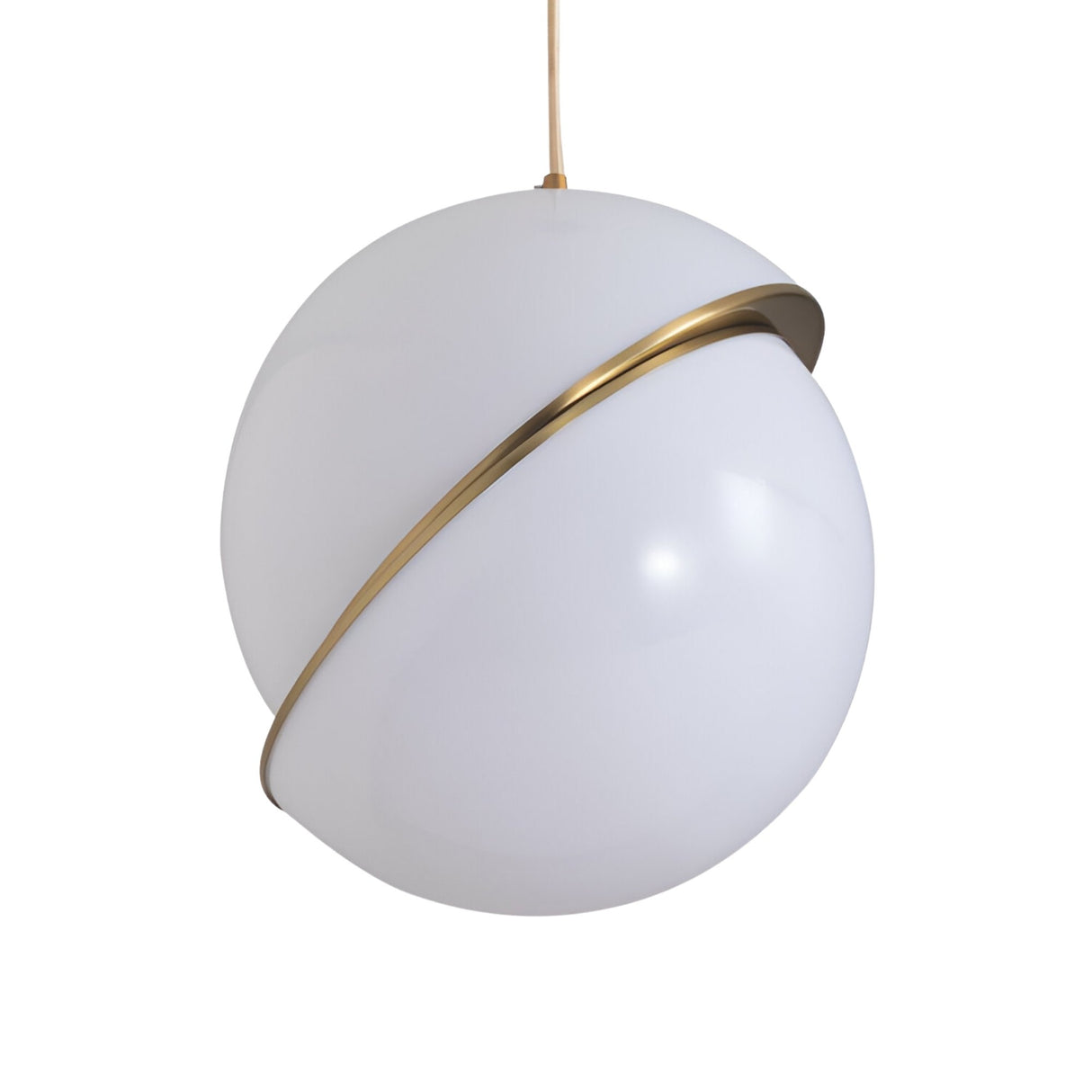 The Arc Pendant Light - Gold & White features a large white spherical shade intersected by a thin gold trim and hangs from a beige cord—ideal for modern interiors.