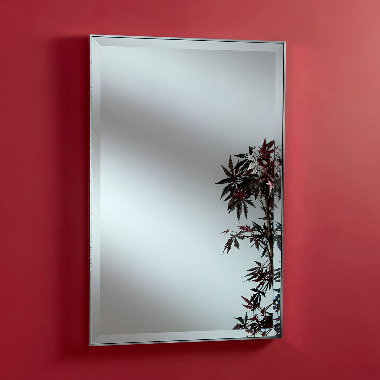 The Arden Rectangle Wall Mirror - Silver is mounted on a red wall, displaying the outline of a plant with pointed leaves on its right. The plant’s shadow forms an artistic contrast against the sleek mirror surface, highlighting a modern design aesthetic.