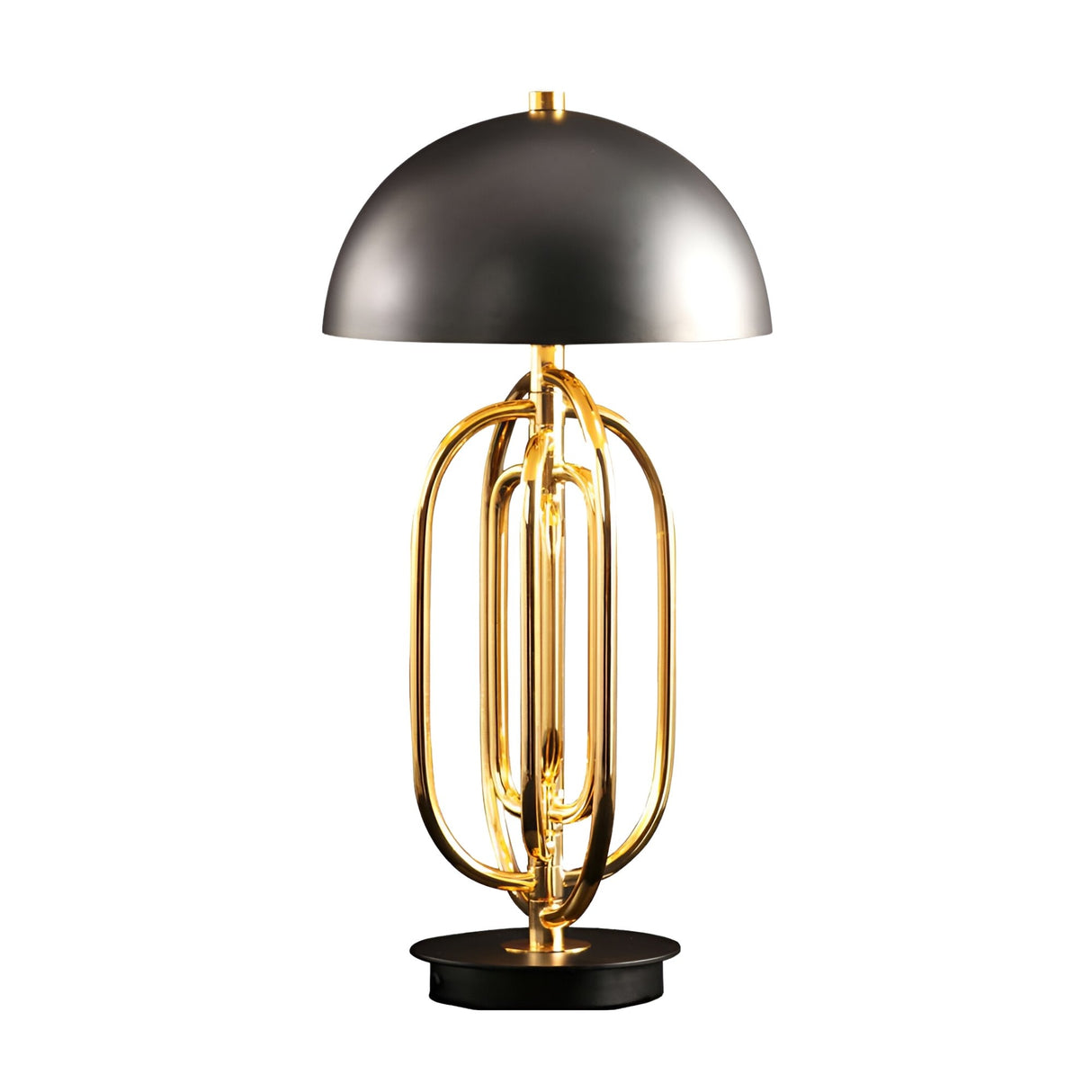 The Ascot 4 Light Large Table Lamp features a modern Art Deco design with a dome-shaped black shade, a geometric gold metal base, and a round black platform.