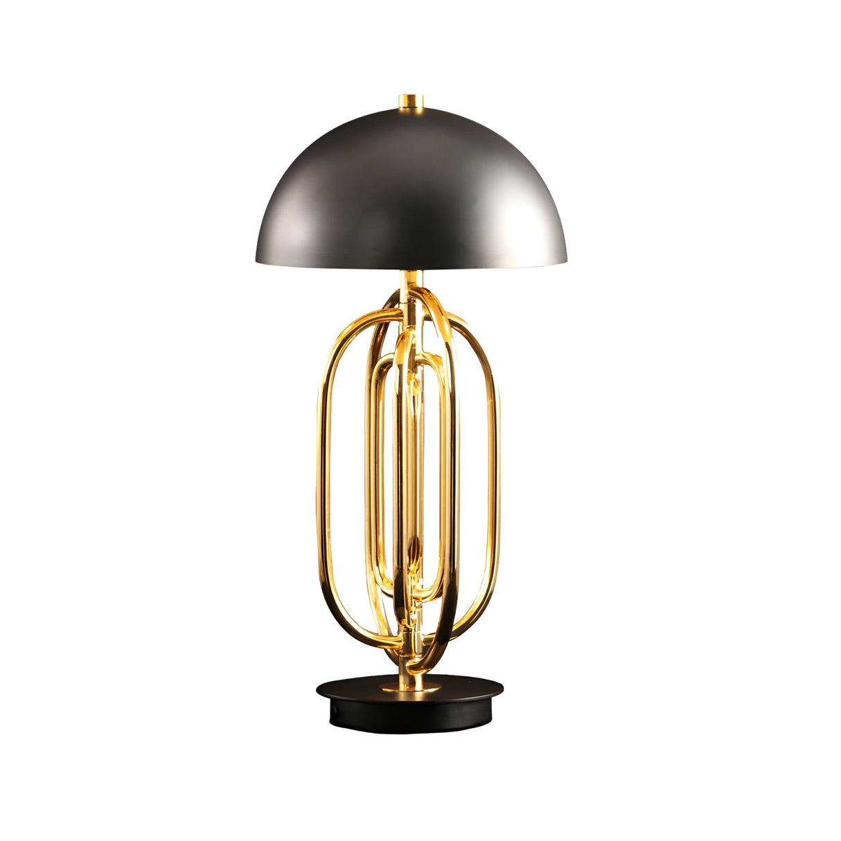 The Ascot 4 Light Small Table Lamp features a black dome shade and gold geometric base with oval loops and a round black base, offering handcrafted Art Deco elegance for any space.