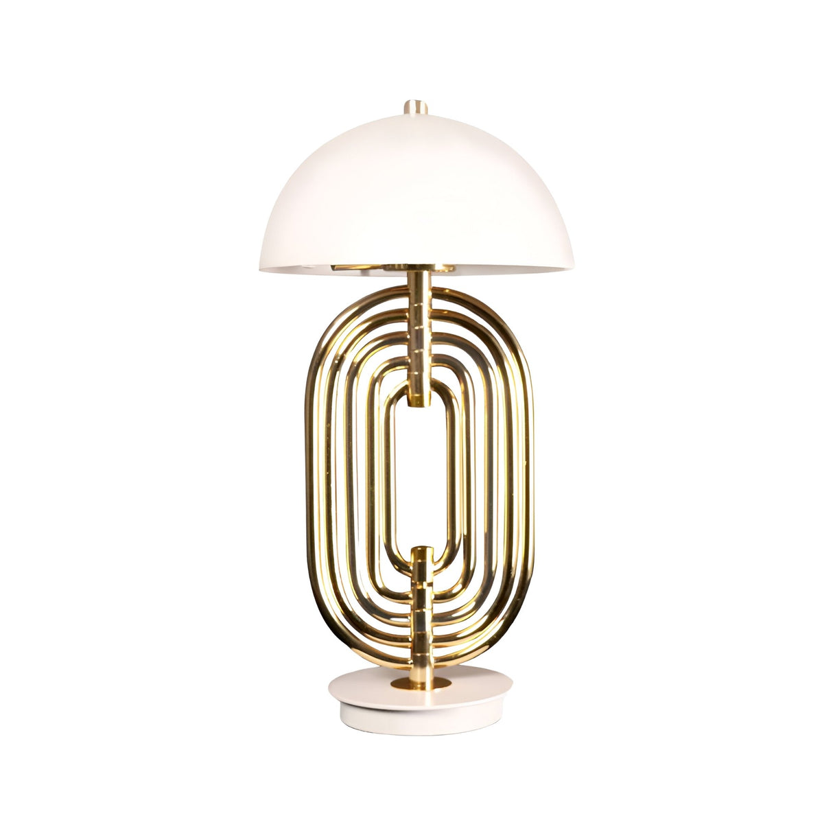 The Ascot 4 Light Small Table Lamp features a white dome-shaped shade and base, accented with an Art Deco-inspired gold-finished metal frame for a modern look.