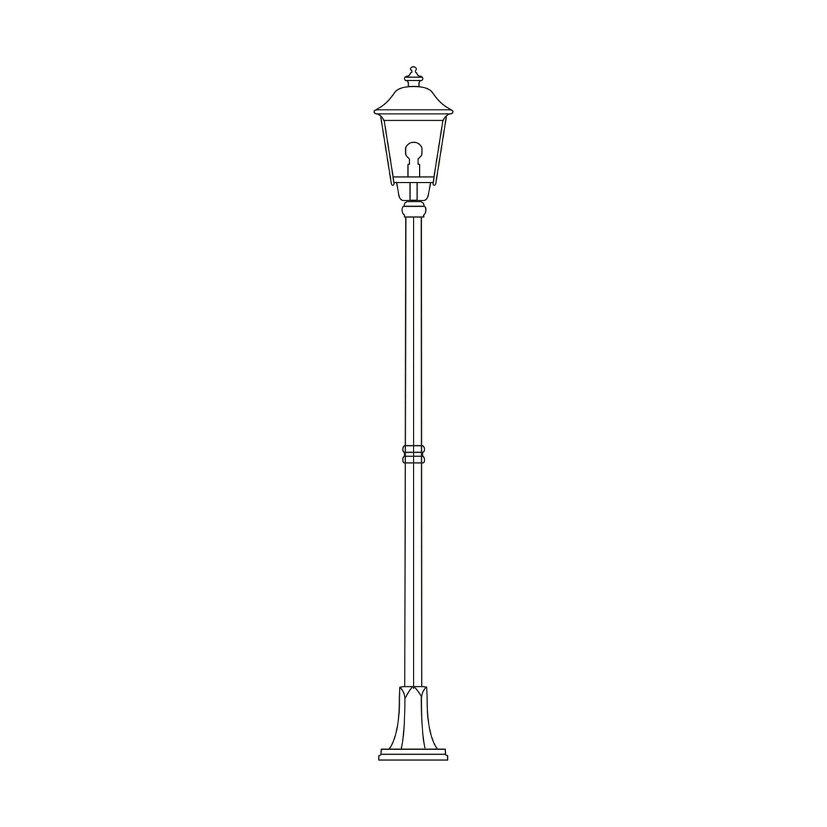 Gable cast aluminium outdoor lamp post, 211cm, with six-pane pagoda-roof lantern atop a slim column on a wide ribbed flange-plate foot, line drawing on a white background.