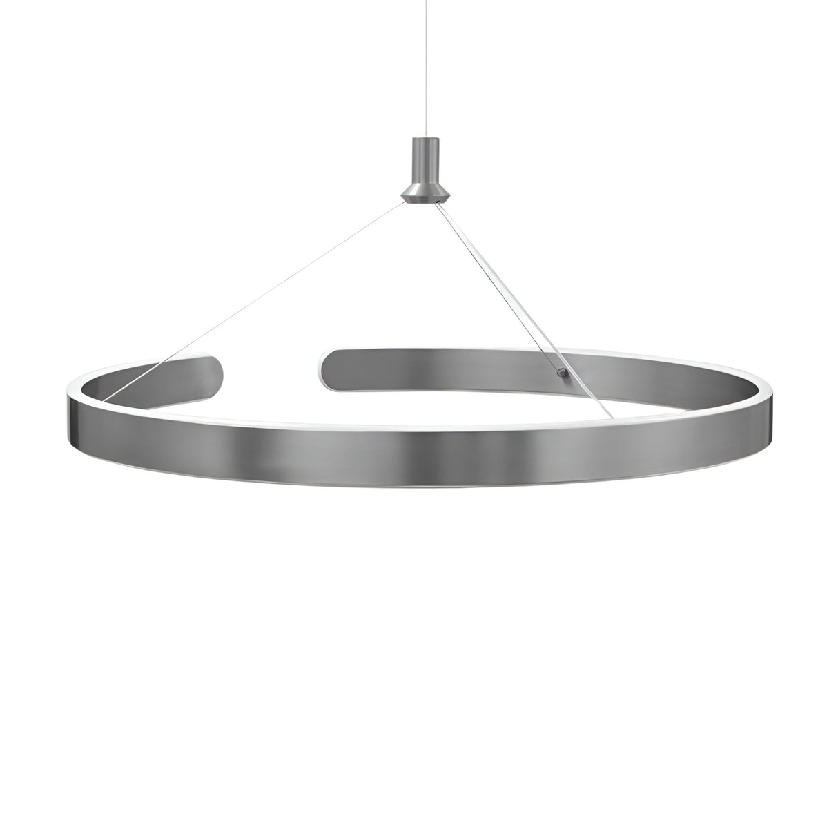 The Aurora LED Suspension Light - Matte Silver is a modern, circular fixture with a minimal metallic design, dimmable feature, and hangs by three thin wires from a central ceiling mount.