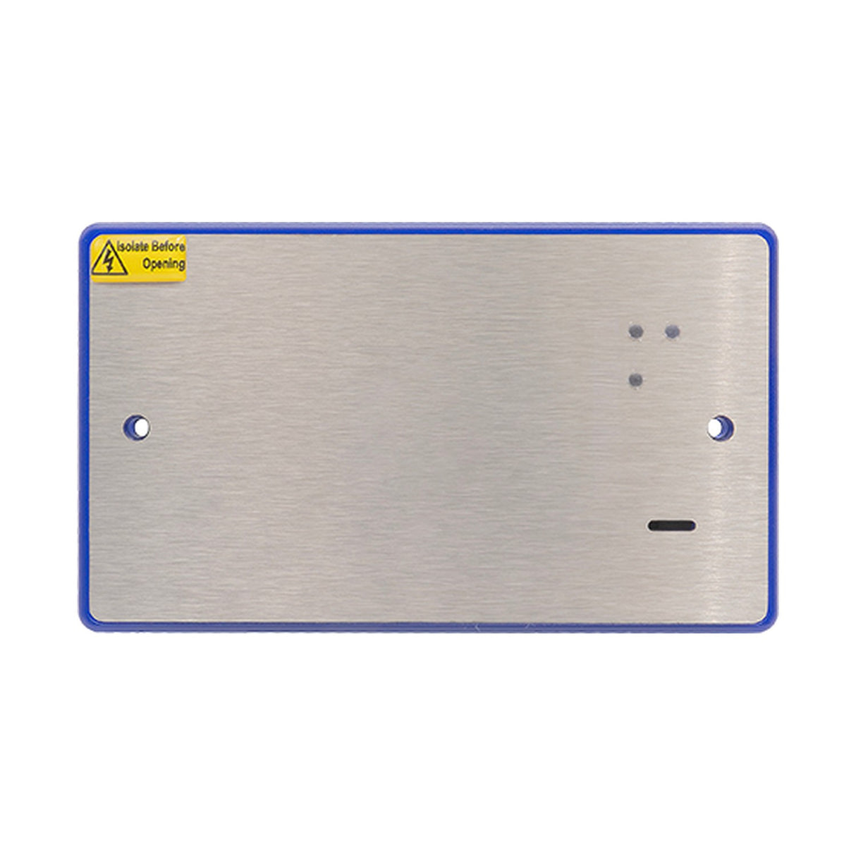 ESP Assist Call 4 Zone Module Power Supply Unit with brushed stainless steel faceplate, blue trim, indicator LEDs and safety label on a white background.