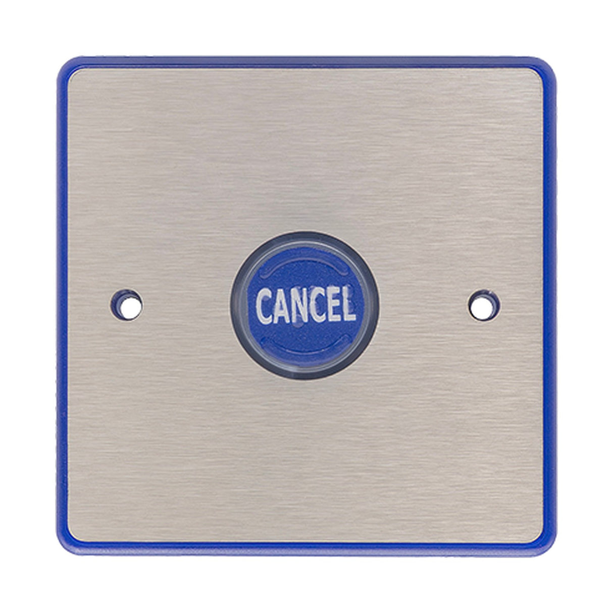 ESP Beacon Assist Call Cancel Module B1ACM with stainless steel square plate, blue trim and central blue illuminated Cancel push button on a white background.
